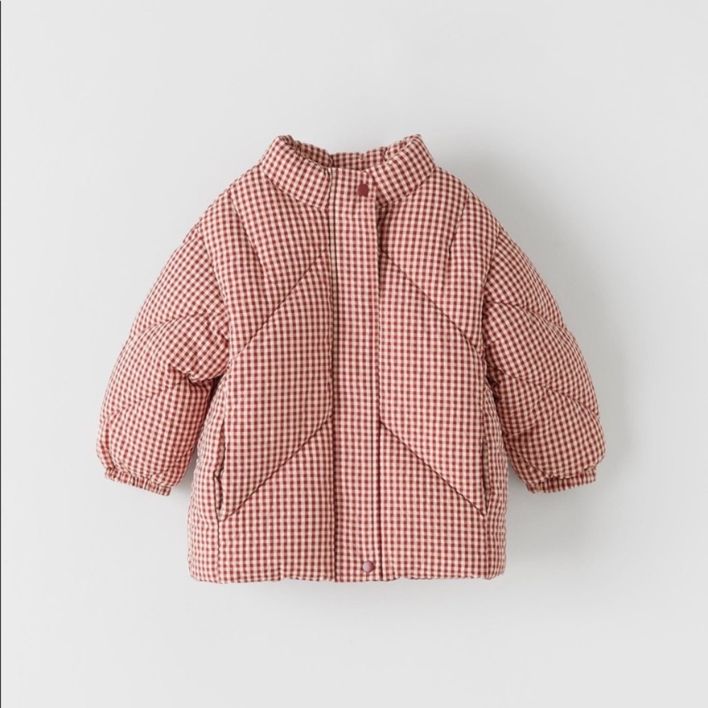 Zara red Gingham puffer Coat ISO - Picture 1 of 2